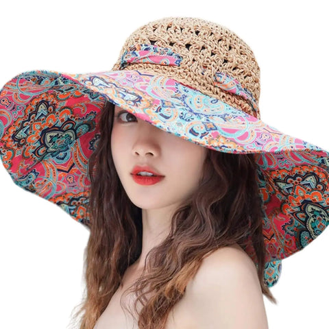 Colorful crochet wide brim straw sun hat with raffia crown and vibrant fabric brim in boho, Y2K, and retro prints for summer sun protection