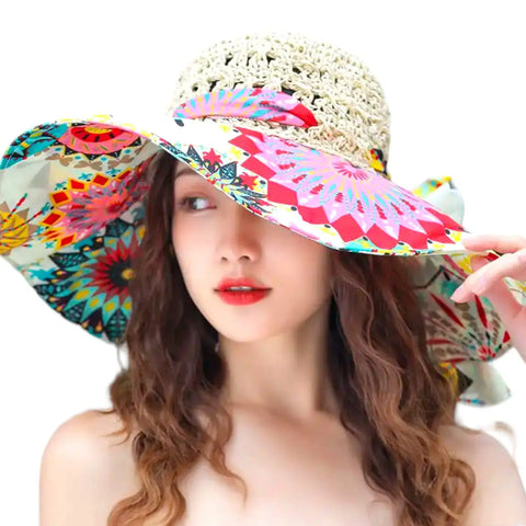 Colorful crochet wide brim straw sun hat with raffia crown and vibrant fabric brim in boho, Y2K, and retro prints for summer sun protection
