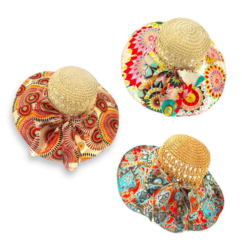 Colorful crochet wide brim straw sun hat with raffia crown and vibrant fabric brim in boho, Y2K, and retro prints for summer sun protection