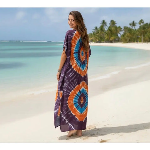 Colorful Kaftan Dress Beach Cover Up woman wearing a tribal purple and orange kaftan dress beach cover up side back view