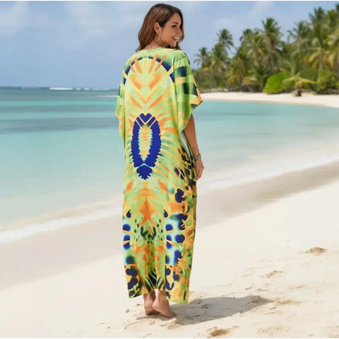 Colorful Kaftan Dress Beach Cover Up model wear yellow blue tribal print kaftan dress beach cover up back view