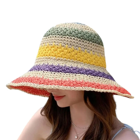 Colorful multi striped straw sun bucket hat with crochet raffia texture, adjustable brim, and Y2K summer style