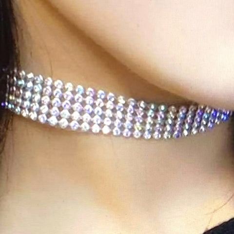 Colorful rhinestone tennis choker necklace with transparent AB multi-row round rhinestones on silver-tone metal and adjustable lobster clasp