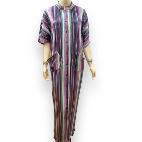 Colorful striped button down long robe with mock collar, front pockets, and full-length pleated plissé fabric. Worn as kaftan, house dress, or layering robe.