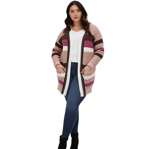 Colorful Plus Striped Mid-Thigh Textured Cardigan