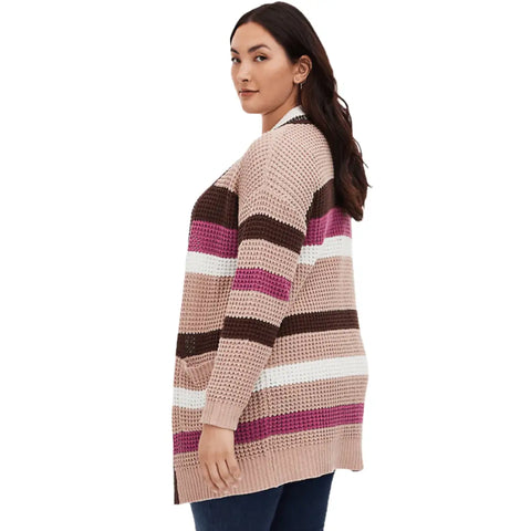 Colorful Plus Striped Mid-Thigh Textured Cardigan