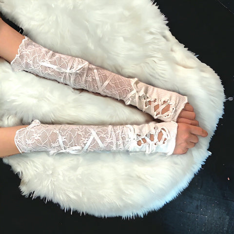 woman wearing on fur piece Corset Lace Up Long Arm Covers / white/ osfm