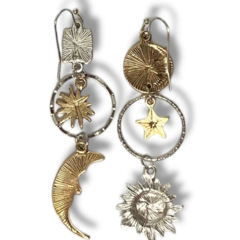 Cosmic Sun Moon Star Dangle Earrings with mixed metal silver and gold celestial charms and fish hook backs