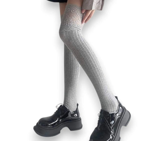 Lace trim knee high cotton boot socks in black or gray with rib knit and floral lace tops – boho, Y2K, and festival style