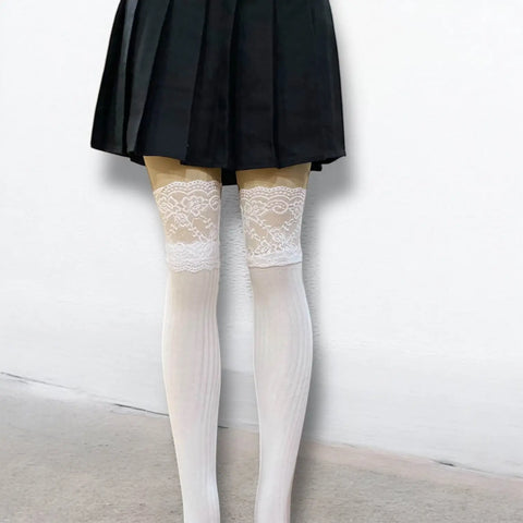 Lace trim knee high cotton boot socks in black or gray with rib knit and floral lace tops – boho, Y2K, and festival style
