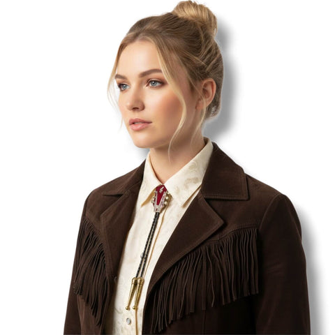 woman wearing red gold Country Guitar Bolo Tie | Men & Women bennett clasp