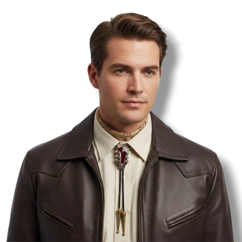 man wearing red gold Country Guitar Bolo Tie | Men & Women bennett clasp