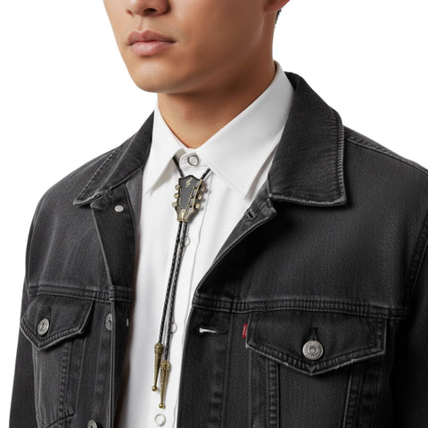 man wearing Black Antique Gold adjustable Country Guitar Bolo Tie | Men & Women