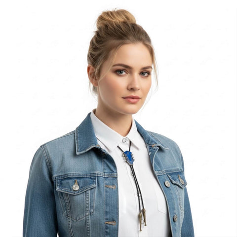 woman wearing Blue and gold Country Guitar Bolo Tie | Men & Women adjustable bennett clasp