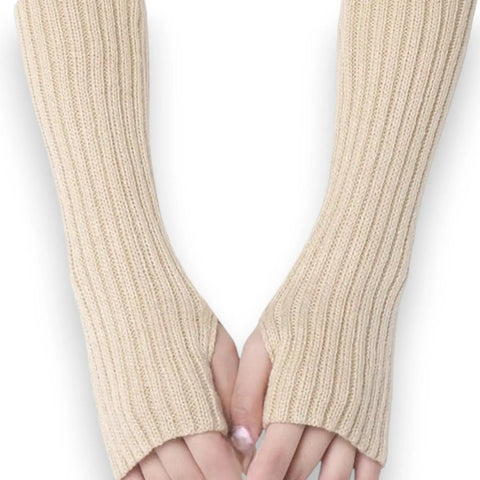 Cozy long ribbed fingerless gloves in black and tan with stretchy knit and thumb hole design