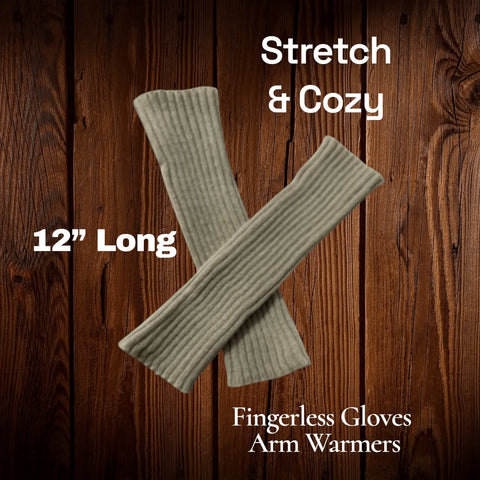 Cozy long ribbed fingerless gloves in black and tan with stretchy knit and thumb hole design
