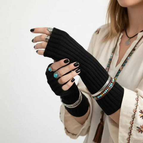 Cozy long ribbed fingerless gloves in black and tan with stretchy knit and thumb hole design