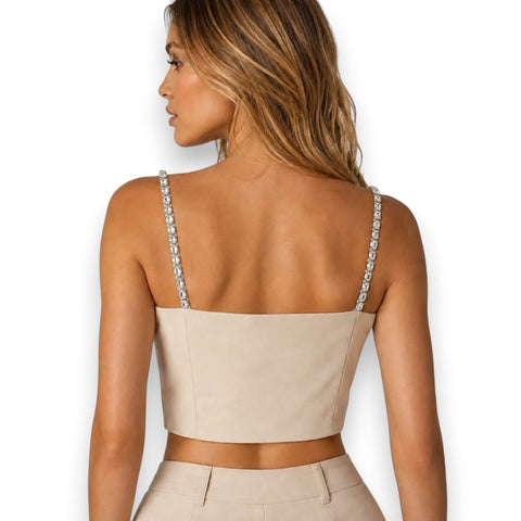 woman wearing Cream Diamond Bustier Crop Top back view on white background