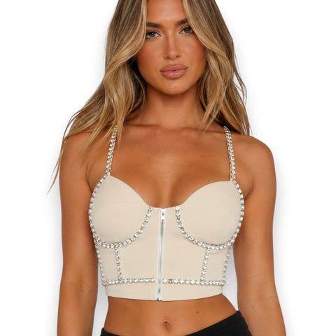 woman wearing dazzling zip up front Cream Diamond Bustier Crop Top padded cups