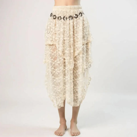 woman wearing with silver cut out medallion link belt Cream Floral Lace Ruffle Midi Skirt / women's/ one size