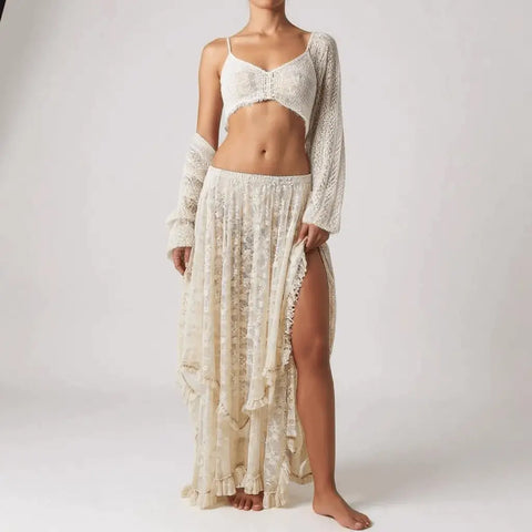 Cream floral lace ruffle midi skirt with asymmetrical hemline, elastic waistband, high side split, and layered boho-western style design.