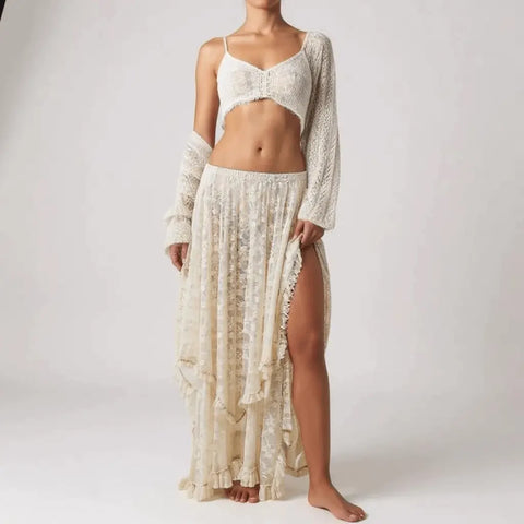 woman wearing low waist with matching top Cream Floral Lace Ruffle Midi Skirt / women's/ one size