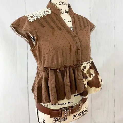 Crop Top Brown Leopard Print Ruffled Hem - Wild Time Fashion 