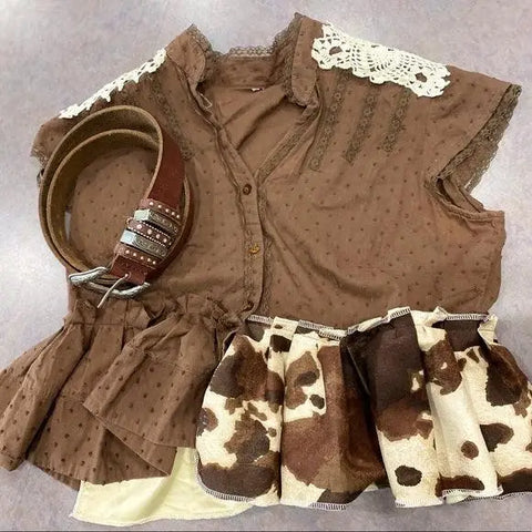 Crop Top Brown Leopard Print Ruffled Hem - Wild Time Fashion 
