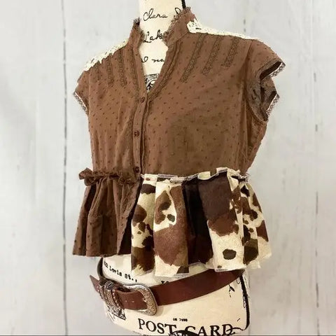 Crop Top Brown Leopard Print Ruffled Hem - Wild Time Fashion 