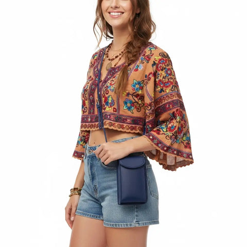Woman carrying woman carrying Phone Wallet Mini Crossbody Bag with front phone pocket and adjustable strap dark blue / women's/ one size