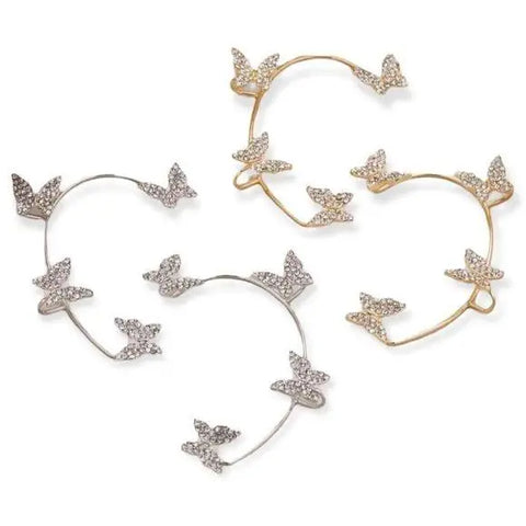 crystal butterfly ear wrap pair non pierced ear cuffs with glittery white wings zirconia sparkle in gold or silver adjustable ear crawlers