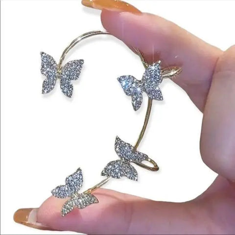 crystal butterfly ear wrap pair non pierced ear cuffs with glittery white wings zirconia sparkle in gold or silver adjustable ear crawlers