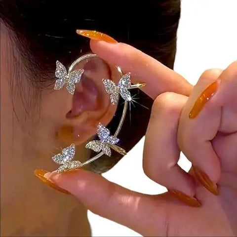 crystal butterfly ear wrap pair non pierced ear cuffs with glittery white wings zirconia sparkle in gold or silver adjustable ear crawlers