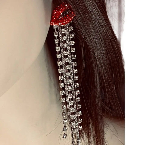 Women’s Long delicious Red Lips Silver Rhinestone Chain Earrings
