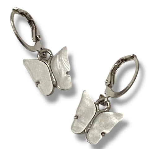 white and silver dainty butterfly leverback hoop dangle earrings