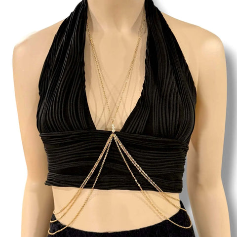 Dainty Pearl Layered Waist & Belly Chain Jewelry worn with a black crop top and skirt, showcasing feminine style and elegance.