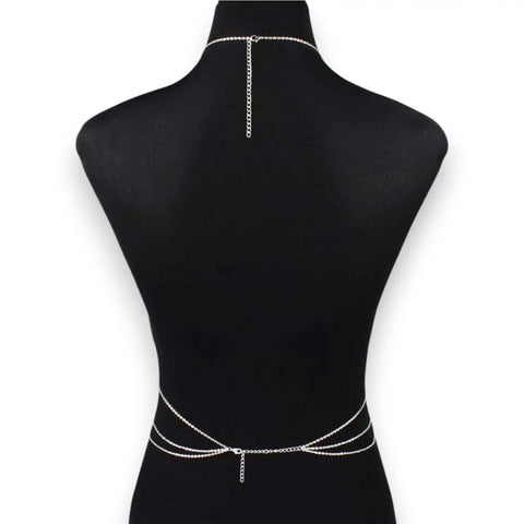Dainty Pearl Layered Waist & Belly Chain Jewelry worn with a black crop top and skirt, showcasing feminine style and elegance.
