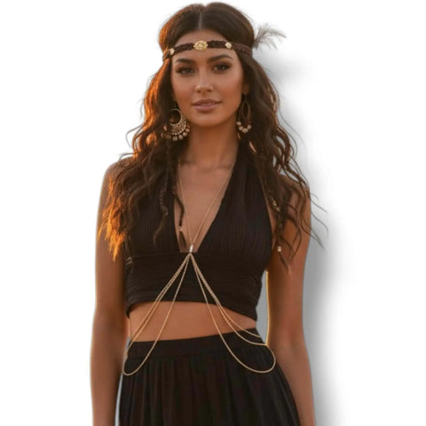 Dainty Pearl Layered Waist & Belly Chain Jewelry worn with a black crop top and skirt, showcasing feminine style and elegance.