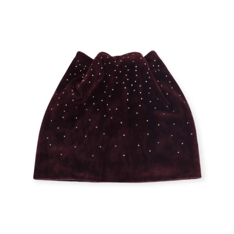 Damson red winter velvet beanie with gold stud front detail double lined skullcap fit and subtle cat ear ridge