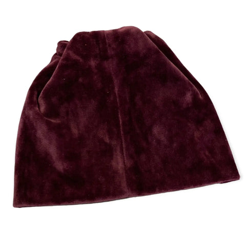 Damson red winter velvet beanie with gold stud front detail double lined skullcap fit and subtle cat ear ridge