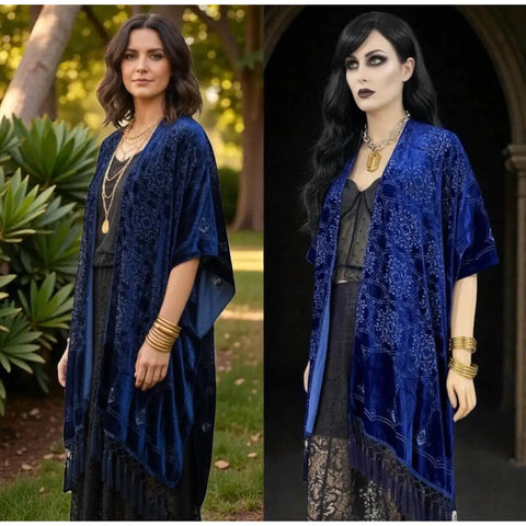 Dark Blue Fringe Velvet Duster Jacket in Midnight Indigo with embroidered Celtic knot design, open front, relaxed sleeves, and tassel fringe trim regular to plus size