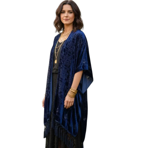 Dark Blue Fringe Velvet Duster Jacket in Midnight Indigo with embroidered Celtic knot design, open front, relaxed sleeves, and tassel fringe trim regular to plus size