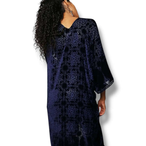 Dark Blue Fringe Velvet Duster Jacket in Midnight Indigo with embroidered Celtic knot design, open front, relaxed sleeves, and tassel fringe trim regular to plus size