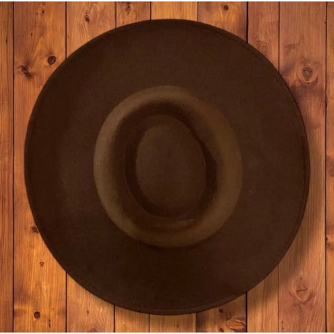 Dark Brown Cordobes Fedora Hat with flat round crown, stiff wide brim, and coco brown felt blend finish on wood