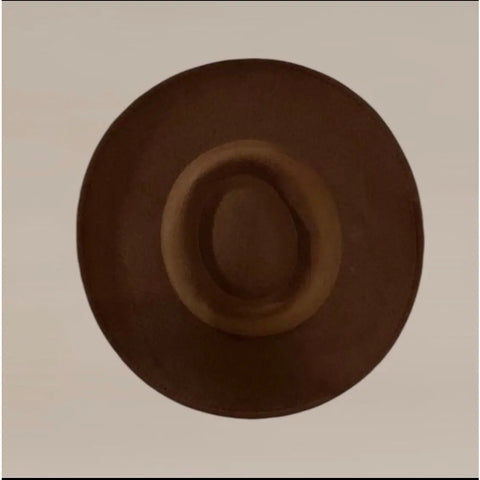 Dark Brown Cordobes Fedora Hat with flat round crown, stiff wide brim, and coco brown felt blend finish flat lay
