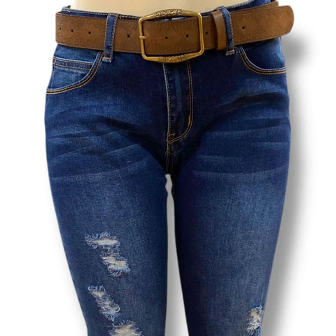 Women's Dark Brown Floral Brass Buckle Belt model wearing with jeans white background