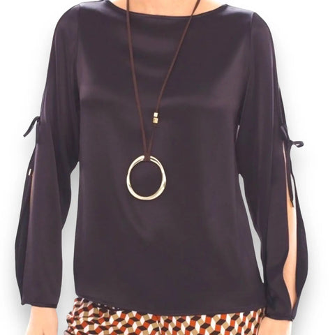 Dark Chocolate Brown Tie Sleeve Blouse
