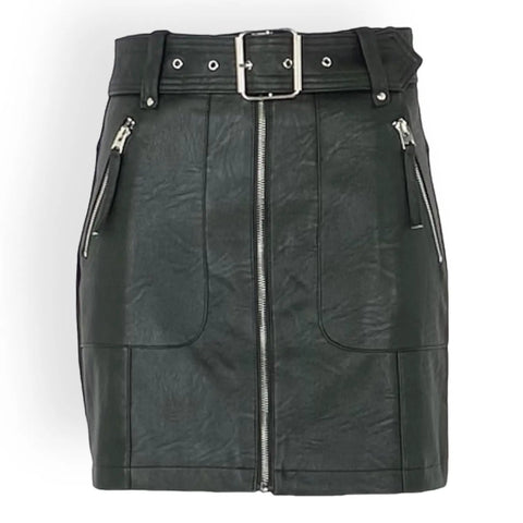 Dark Green Faux Leather Mini Skirt high waist front zipper, wide grommet belt, and zip pockets, women’s size large