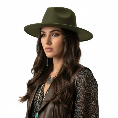 Tall crown flat brim fedora hat with pinched crown and structured felt-blend design / dark green
