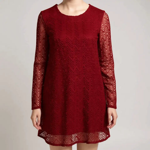 Dark Red Chevron Bell Sleeve Mini Dress with semi-sheer long bell sleeves, chevron lace overlay, A-line mini length, and back keyhole button